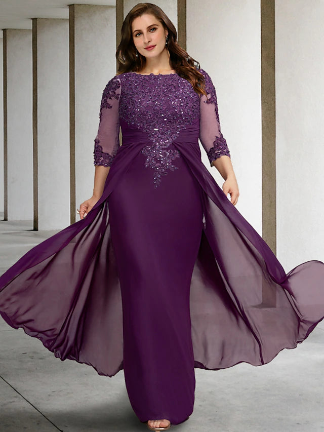 Etuikleid/Säule, Übergröße, geschwungen, Kleider für die Brautmutter, luxuriöses Kleid, formell, bodenlang, Halbarm, Rundhalsausschnitt, Chiffon mit gerüschter Perlenapplikation